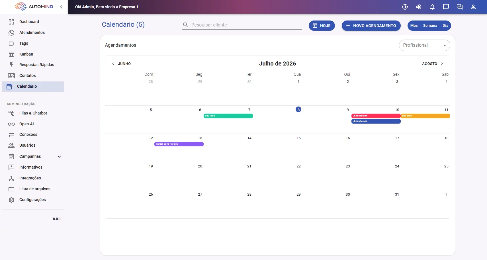Tela de agendamento do Automind